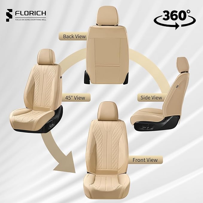 FLORICH Leather Seat Covers, Car Seat Cover Full Set Automotive Seat Covers Waterproof Car Seat Protectors 5 Seats Universal Seat Cover Fit for Most Cars SUV Trucks, Beige