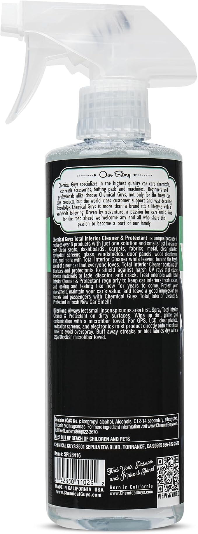 Chemical Guys Total Interior Cleaner and Protectant - New Car Scent, Cleans and Protects Leather, Vinyl, Plastic, Rubber, and Glass, Safe for Cars, Trucks, SUVs, Jeeps, RVs, and More - 16 oz