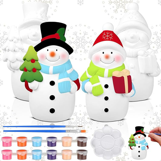 Seenelling 2 Pack Christmas Snowman Ceramics Ready to Paint Your Own Statues 4'' DIY Unpainted Figurines Kit Blank Paintable Ceramics Classroom Art and Crafts Decorations