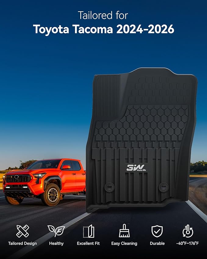 3W Floor Mats for Toyota Tacoma 2024 2025 2026 Double Cab(Not Fit Hybrid & XtraCab), TPE All Weather Custom Fit Floor Liner for Tacoma TRD/SR/SR5/limited Car Liners(Automatic Transmission)