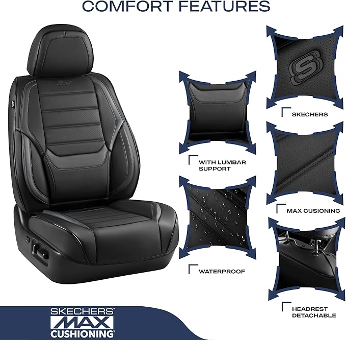 Skechers MAX Cushioning Seat Covers,Memory Foam Leather Car Seat Covers,Waterproof Car Seat Protector Full Sets,Car Seat Cushion Airbag Automotive Universal Fit for Most Cars,Vans,Trucks,SUV,Black