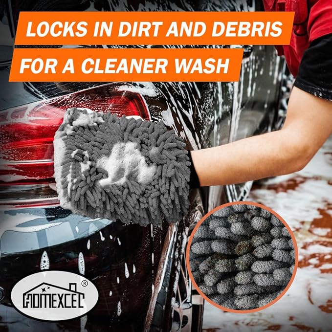 HOMEXCEL Car Wash Mitt, 2PK Chenille Microfiber Wash Mitt, Scratch-Free & Lint-Free, Rich Foam, Highly Absorbent, Double Sided, Perfect for Car Washing and Detailing, 10.2" x 6.7 ", Grey