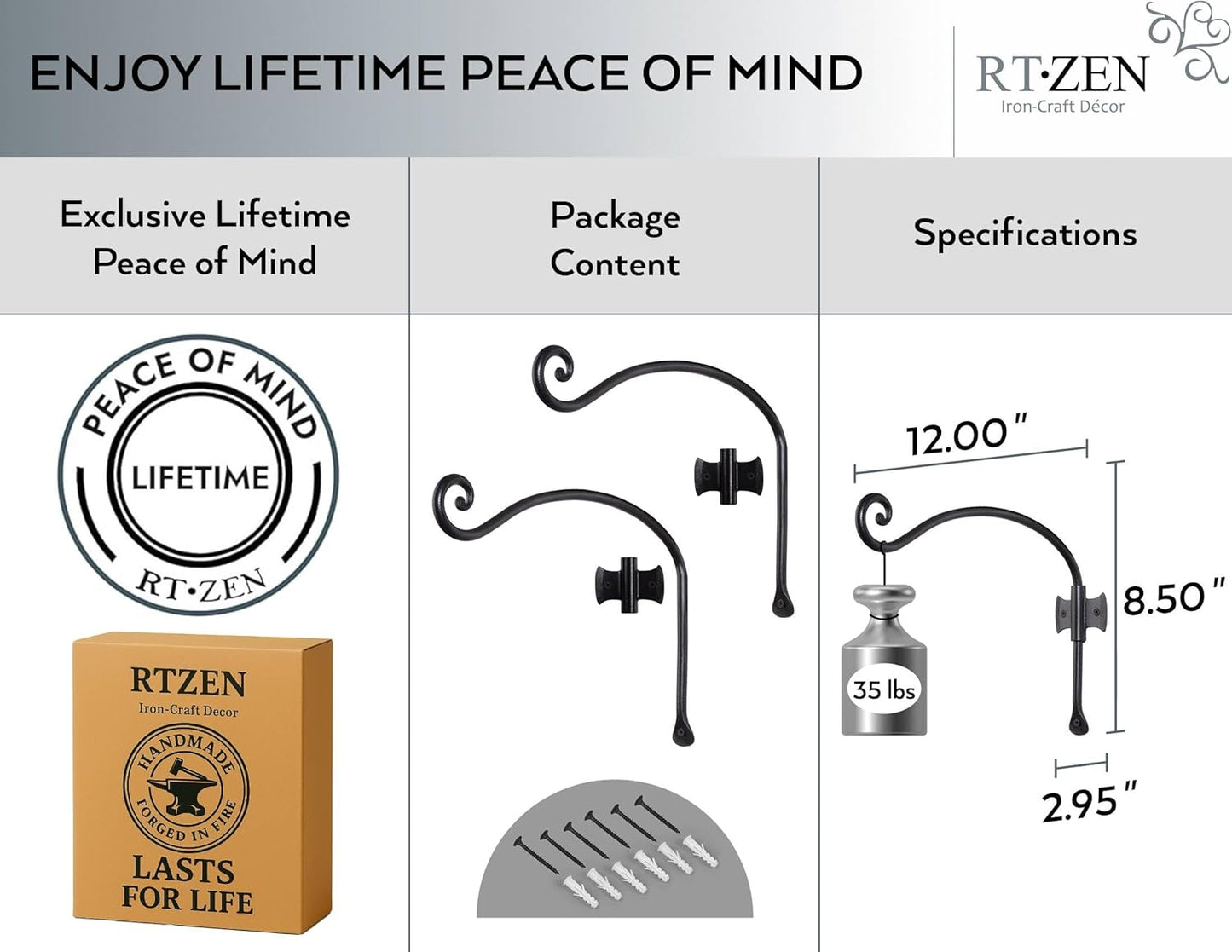 RTZEN Plant Hangers Outdoor or Indoor - Wrought Iron Metal Hanger Indoor Hook - Heavy Duty Wall Bracket Hooks for Hanging Plants Baskets Lanterns Wind Chimes - 2 Pack (Black Axe-Shape Hooks)