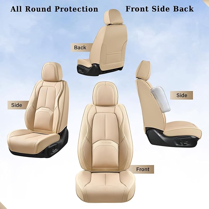 Coverado Seat Covers, Car Seat Covers Front Seats, Premium Nappa Leather Seat Covers for Cars, Waterproof Car Seat Protector with Lumbar Support, Front Seat Covers Universal Fit for Most Cars (Beige)