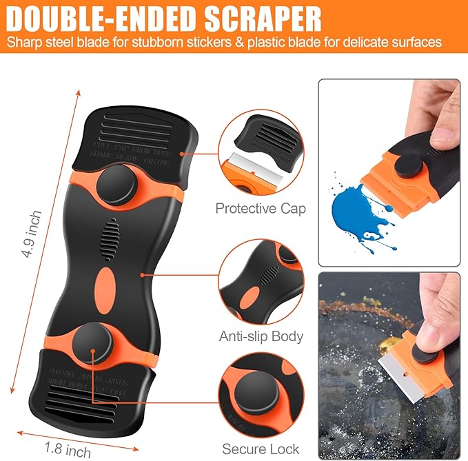 4 Pack Razor Blade Scraper, Premium Cleaning Scraper Tool with 50 PCS Metal & Plastic Razor Blades, Multi-Purpose Glass Scraper for Windows, Sticker, Decals, Cooktop, Paint Removal (Orange)