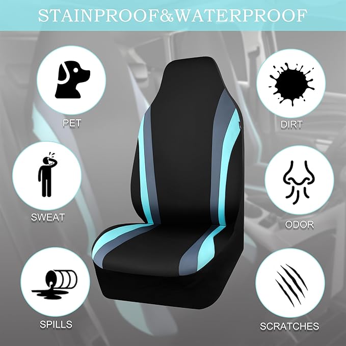 CAR PASS AquaShield Neoprene Waterproof Car Seat Covers Front Seats Only, High Back Bucket Seat Covers,Airbag Compatible,Seat Covers for Women Girl, Universal Fit for Auto Truck Van SUV (Black Mint)