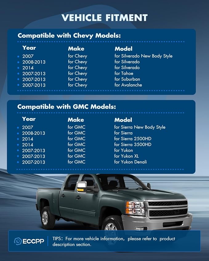 ECCPP Towing Mirrors Tow Mirrors With 2207-2014 For Chevy Silverado For GMC Sierra All Models Power Adjusted Heated Led Turn Signal Running Width Light Chrome Pickup Truck