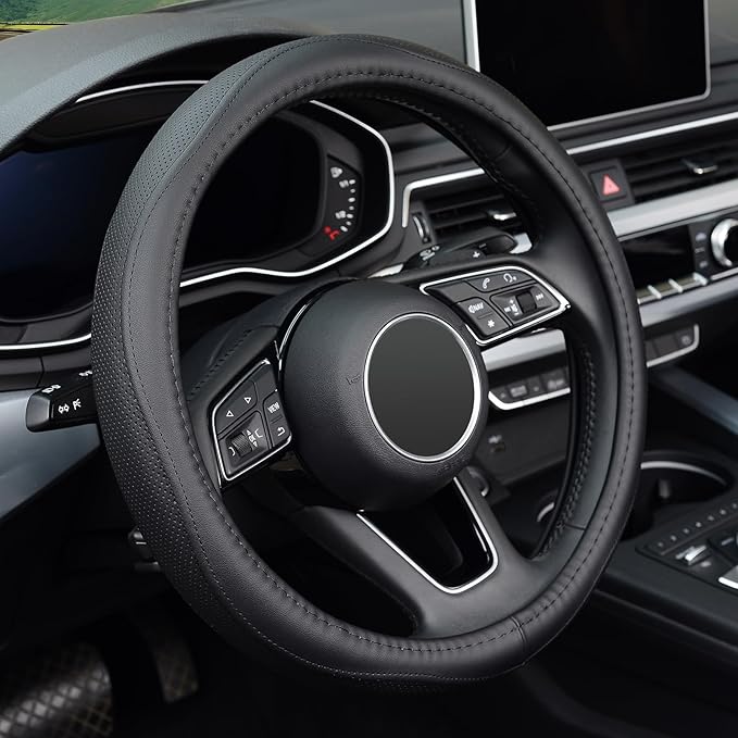 KAFEEK Steering Wheel Cover, Universal 15 inch, Microfiber Leather, Anti-Slip, Odorless, Black Lines