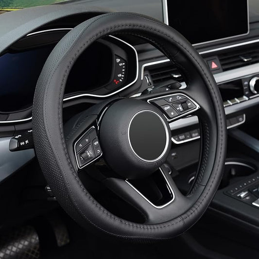 KAFEEK Steering Wheel Cover, Universal 15 inch, Microfiber Leather, Anti-Slip, Odorless, Black Lines