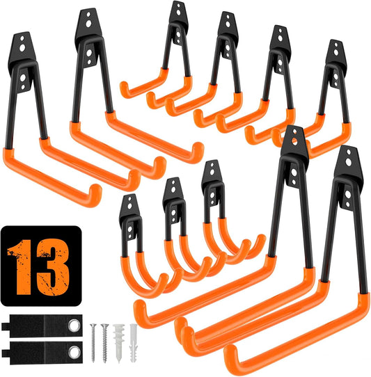 QcoQce 13 Pack Garage Hooks Heavy Duty with 2 Extension Cord Straps,Garage Storage Hooks, Wall Mount Hooks, Garage Organization and Tool Hangers for Bike, Ladder, Ropes and Garden Tools(Orange)
