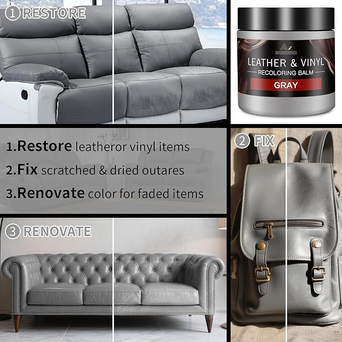 Leather Recoloring Balm with 100ml Mink Oil, Gray Leather Repair Kit and Scratch Remover for Furniture, Car Seats, Sofas, Dye & Restorer for Couches, Vinyl, PU, Faux