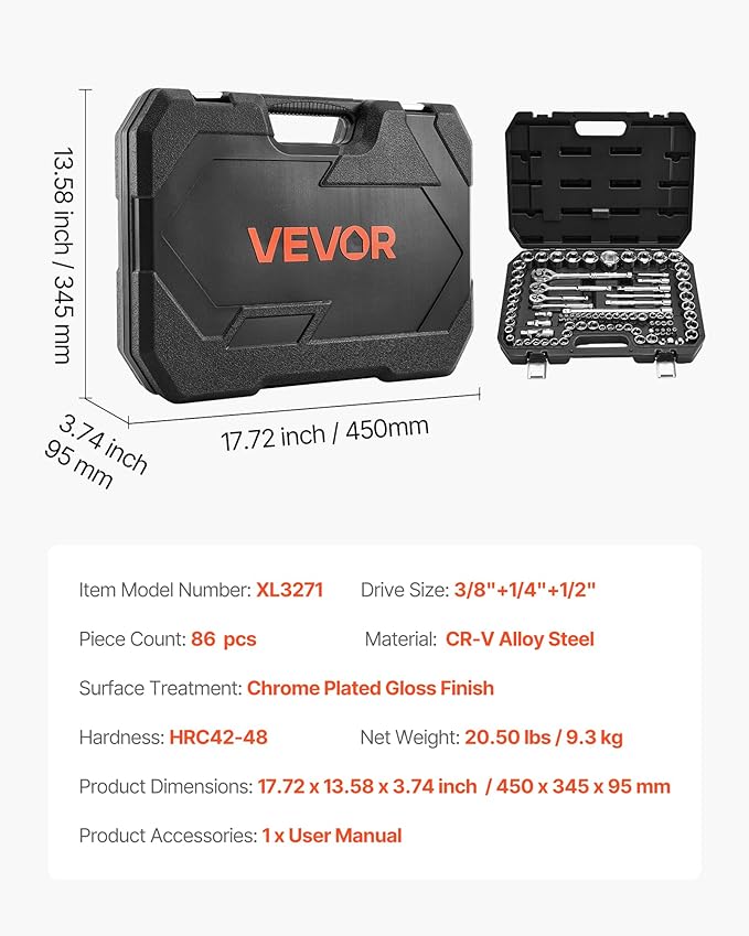 VEVOR Socket Set, 86 Pieces, 3/8 & 1/4 & 1/2 inch Drive Socket and Ratchet Set, SAE and Metric, Mechanic Tool Kit with Ratchet Wrench, Accessories and Storage Case, CR-V Alloy Steel, for Auto Repair