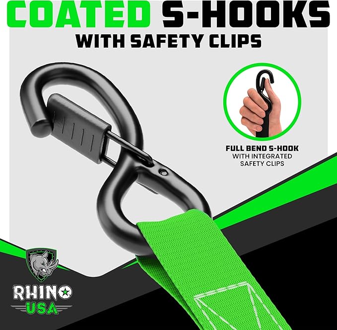 Rhino USA Ratchet Straps Tie Downs (4-Pack) - 1 Inch x 15 Feet (1,823lb Break Strength) - Ultimate Tie Down Straps with Safety S Hooks - for Trucks, Cargo, Moving, Appliances - Green