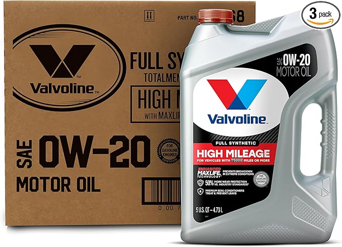 Valvoline Full Synthetic High Mileage with MaxLife Technology SAE 0W-20 Motor Oil 5 QT, Case of 3