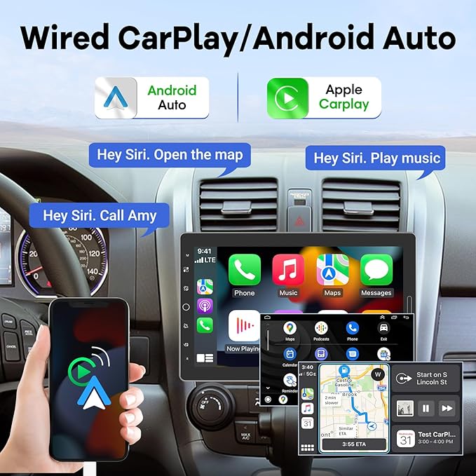 10.1 inch Single Din Car Stereo with CarPlay and Android Auto, 10 inch Touch Screen Radio with Mirror Link/1080P/EQ Audio/SWC/Bluetooth +Backup Camera+MIC