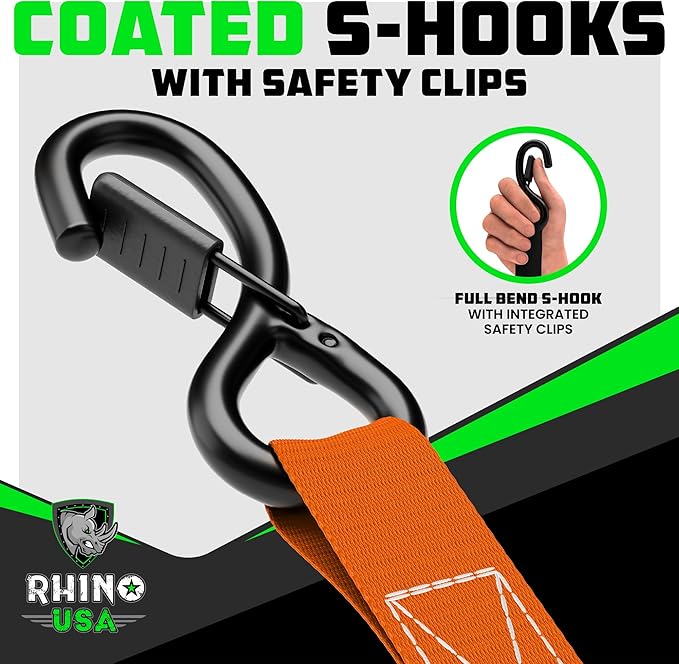 Rhino USA Ratchet Straps Tie Downs (4-Pack) - 1 Inch x 15 Feet (1,823lb Break Strength) - Ultimate Tie Down Straps with Safety S Hooks - for Trucks, Cargo, Moving, Appliances - Orange