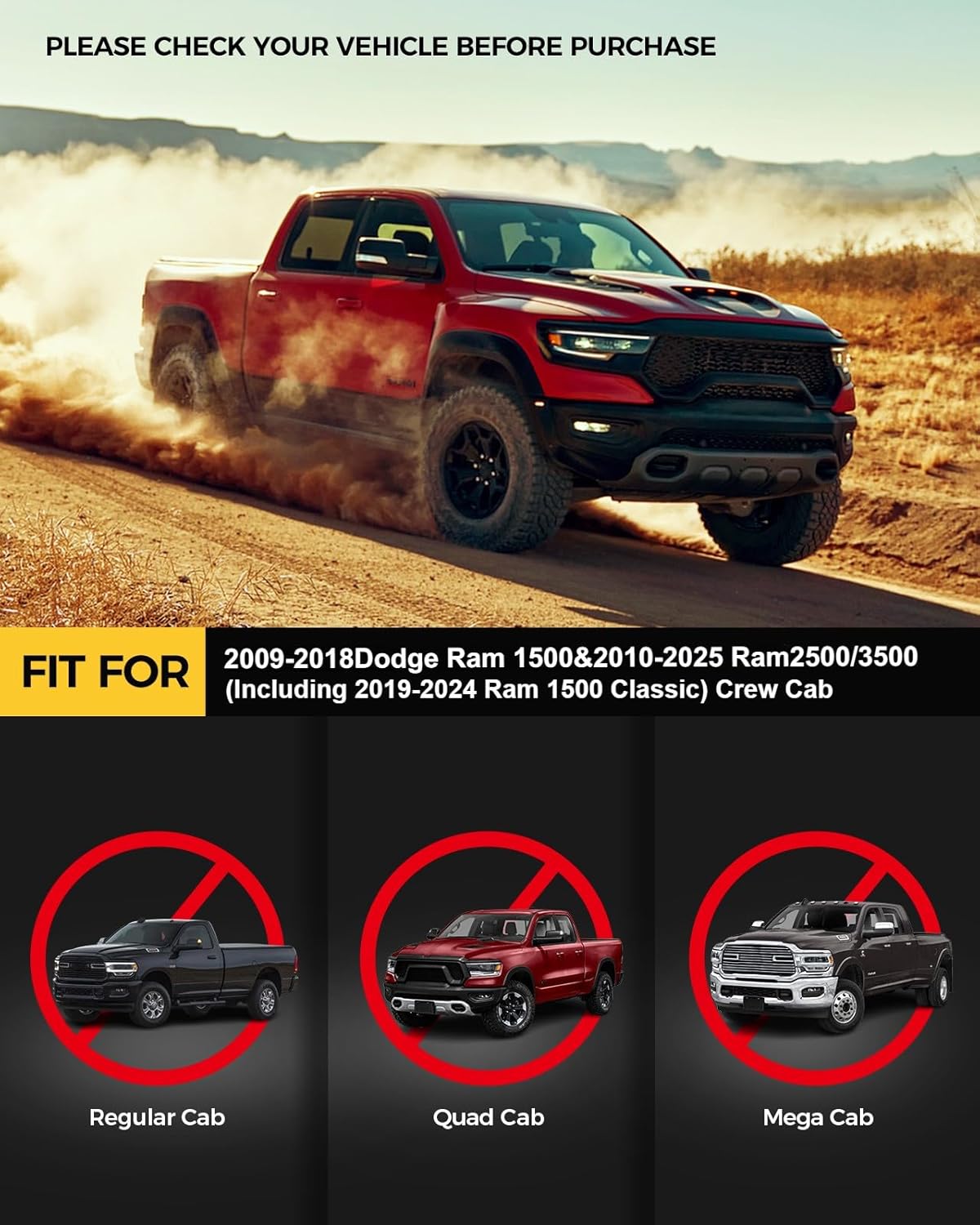 KYX Running Boards for 2009-2018 Ram 1500/2010-2025 Ram 2500 3500 Crew Cab & 2019-2024 1500 Classic Side Steps Nerf Bars Truck Step Rails 6 inches