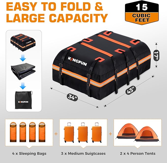 Kingfun Car Rooftop Cargo Carrier – Waterproof 15 Cubic Feet Car Roof Bag Fit All Vehicles with/Without Roof Racks, Includes Anti-Slip Mat, 8 Reinforced Straps & 6 Door Hooks, Luggage Locks
