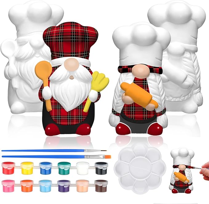 Seenelling 2 Pack Christmas Chef Gnome Ready to Paint Your Own Statues 4'' DIY Unpainted Ceramics Figurines Kit Blank Paintable Ceramics Classroom Art and Crafts Christmas Home Decorations