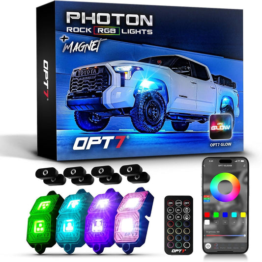 OPT7 Photon RGB LED Magnet Rock Lights with APP & Remote Control, 4 Red Pods Wide Angle Multicolor Neon Underglow Lighting Kit with Extension Wire, IP68 Waterproof for Offroad Truck Jeep RZR ATV UTV
