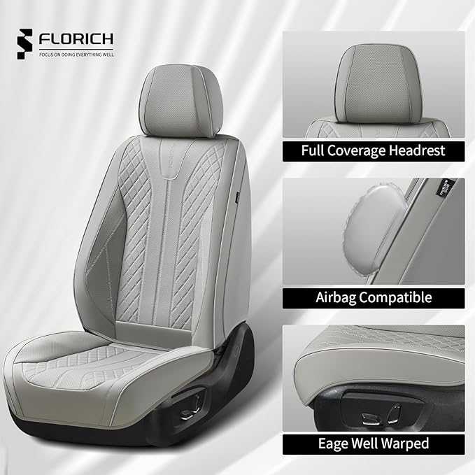 FLORICH Car Seat Covers, Leather Seat Cover for Cars Waterproof Seat Covers Full Set Universal Seat Covers for Cars Seats Protectors Car Seat Cushion Universal Fit for Most Cars SUV Trucks, Gray