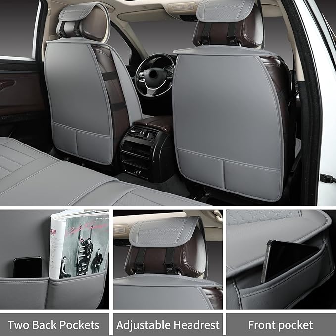 Car Seat Covers 5 Seats Full Set, Waterproof Napa Leather Automotive Seat Protector for Cars SUV Truck Sedan, Universal Anti-Slip Car Seat Cushion Interior Accessories, Gray