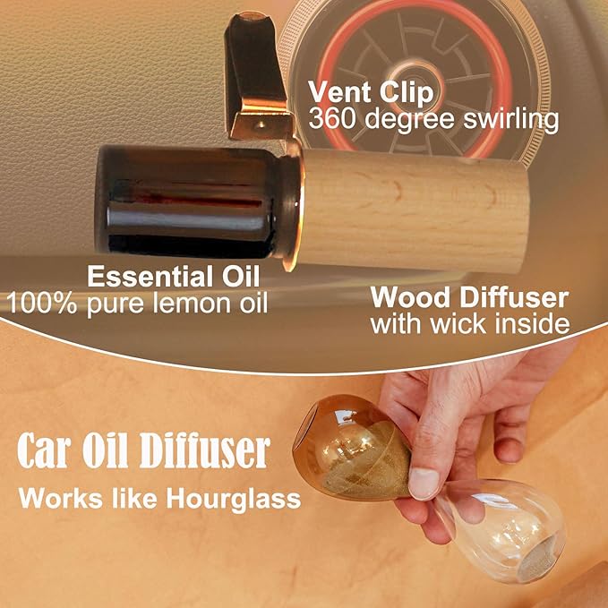 2-set Refillable Lemon Car Scent 60 Days’ Odor Fighting Non-toxic Strong Natural Fragrance, Vent Clip Wood Diffuser & Pure Essential Oils Auto Air Freshener (2x Beech Diffuser + 2x10ml Oil)