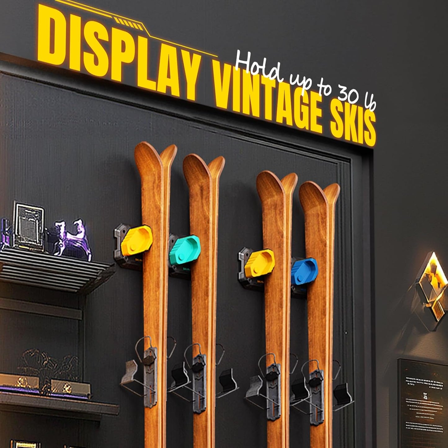 Wall Rack for Garage - Ski & Snowboard Holder, Damage-Free Storage, Yellow, 2 Pack