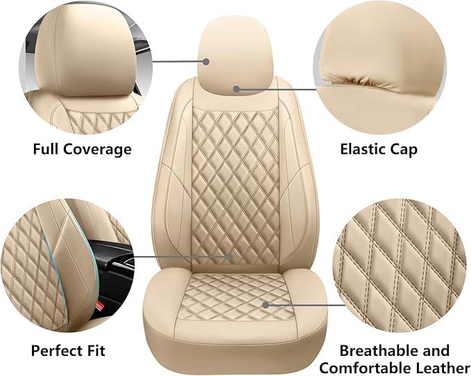 Premium Leather Car Seat Covers Front Pair,Universal Fit for Cars,Trucks&SUVs,Waterproof Car Seat Cushion,Full Coverage Car Seat Protector with 2 Seats,Beige