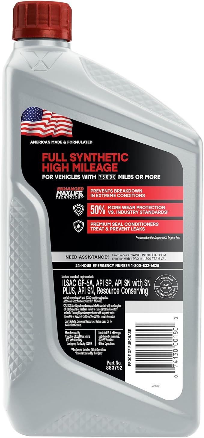 Valvoline Full Synthetic High Mileage with MaxLife Technology 10W-30 Motor Oil 1 QT