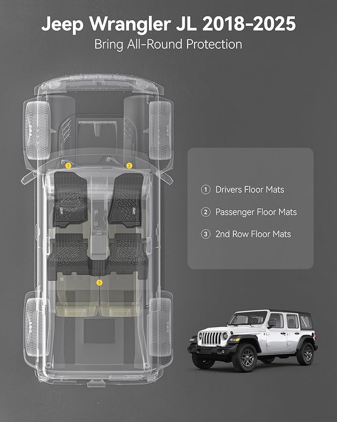 3W Floor Mats Compatible for Jeep Wrangler JL 2018-2024 2025 Unlimited 4-Door Gas/MHEV Type(Non JK or 4XE) All-Weather TPE Floor Liner for 1st and 2nd Row Full Set Car Mats, Black