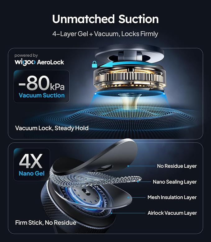 Wigoo Vacuum Magnetic Phone Holder for Car for Magsafe [80LBS Suction & 3000gf Magnetic] 360° Adjustable Car Phone Mount, Cell Phone Holders for Your Car, for iPhone 17 Pro Max 16 15 14 13 12 Air Plus