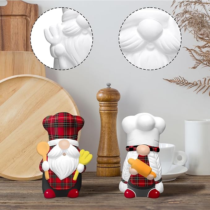 Seenelling 2 Pack Christmas Chef Gnome Ready to Paint Your Own Statues 4'' DIY Unpainted Ceramics Figurines Kit Blank Paintable Ceramics Classroom Art and Crafts Christmas Home Decorations