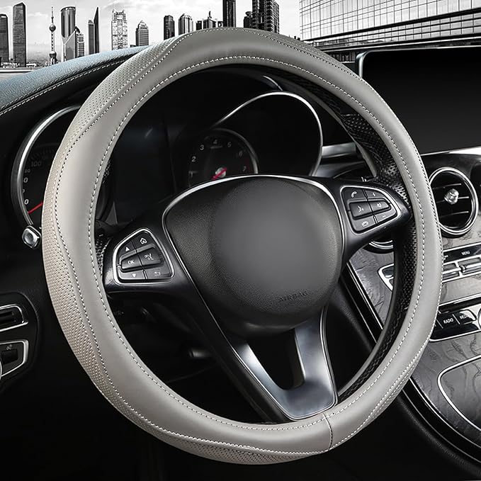 High-Grade Gray Genuine Leather Steering Wheel Cover for Men Women，Real Cowhide Leather Steering Wheel Cover for Cars,Universal 14.5-15 inch Steering Wheels