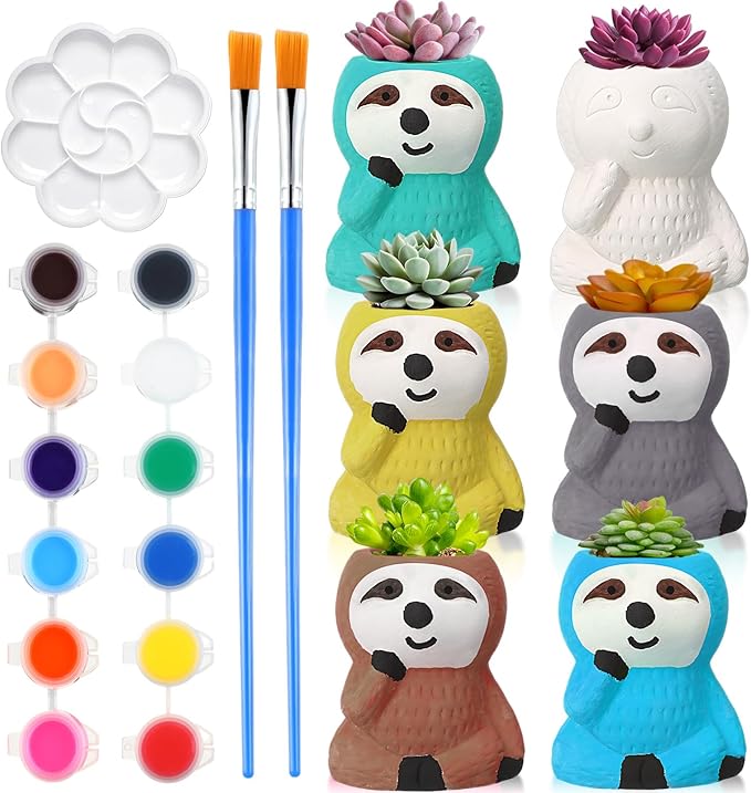 Pasimy 6 Set DIY Ceramic Succulent Planter Pots Paint Your Own Flower Pots Craft Kit Unpainted Bisque Paintable Flowerpot with Brush Palette Ready to Paint for Family Activity Gift(Sloth)