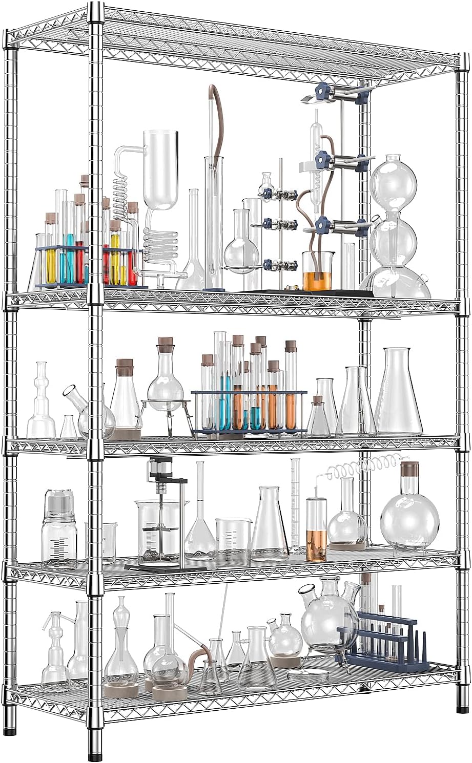 IZEUK 3300 LBS Garage Shelving Wide Storage Shelves 5 Tier Metal Shelves Heavy Duty Adjustable Utility Shelf Rack Chrome 17.7" D x 59.1" W x 70.4" H