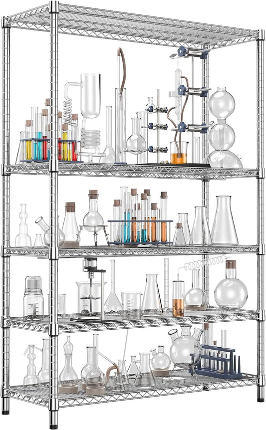 IZEUK 3300 LBS Garage Shelving Wide Storage Shelves 5 Tier Metal Shelves Heavy Duty Adjustable Utility Shelf Rack Chrome 17.7" D x 59.1" W x 70.4" H