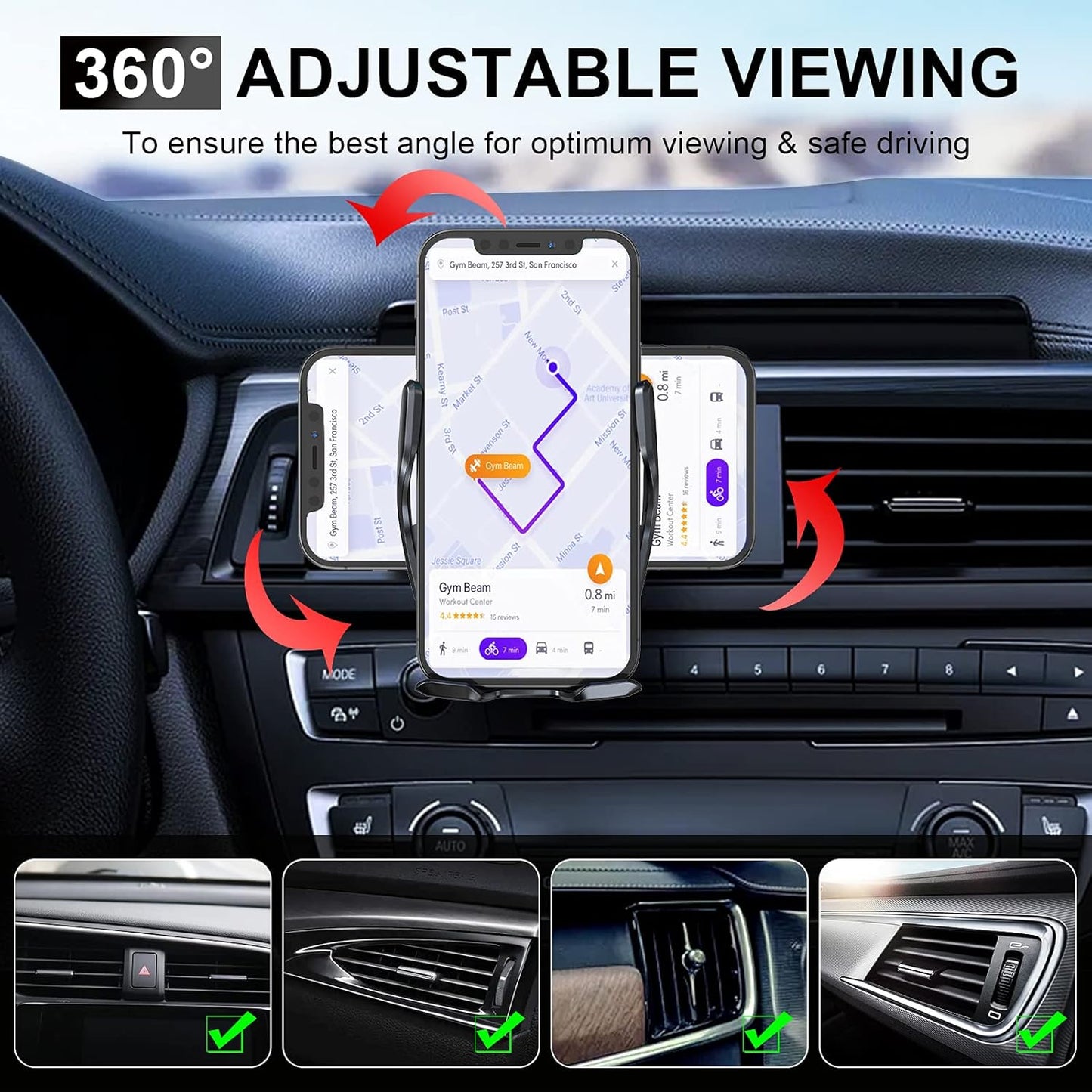 Wireless Car Charger Mount, 15W Qi Fast Charging Auto-Clamping Cell Phone Car Holder Air Vent Windshield Dashboard Long Arm Suction Cup Car Phone Mount for iPhone13 /12/11 Samsung S20/S10/S9/S8 LG