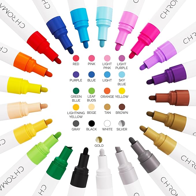 CHROMATEK Dual Tip Acrylic Paint Markers - 21 Colors Premium Paint Pens for Canvas, Rock Painting, Glass, Wood, Ceramic, DIY Crafts Art Supplies - Waterproof, Quick Drying with Video Tutorials & Ebook