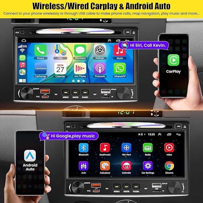Wireless Double Din Car Stereo Radio with CD/DVD Player, Carplay & Android Auto, 7 inch Car Audio with HD Touchscreen, Bluetooth, Mirror Link, Backup Camera, SWC, FM/AM, USB/SD, A/V Input