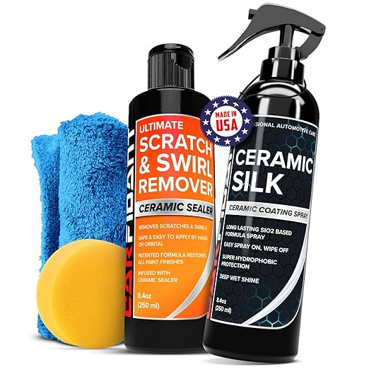 Carfidant Scratch & Swirl Remover with Ceramic Silk – Car Scratch Remover for Vehicles Paint Repair with Ceramic Coating Spray – Polishing & Washing Kits with Applicator Pad & Microfiber Towel