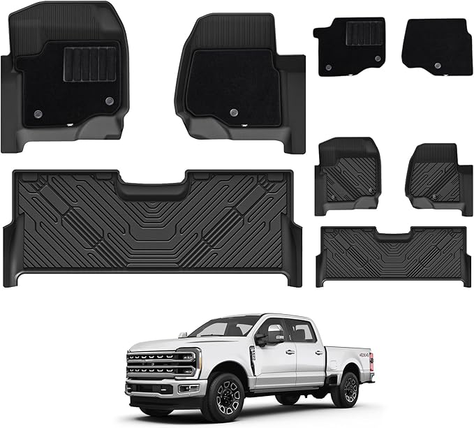 3W Floor Mats & Front Carpet for Ford Super Duty Crew Cab F-250 & F-350 & F-450 & F-550 (2017-2024 2025), All-Weather Storage TPE 1st & 2nd Row Liners, Bucket Seat Compatible, Not for Vinyl Floor