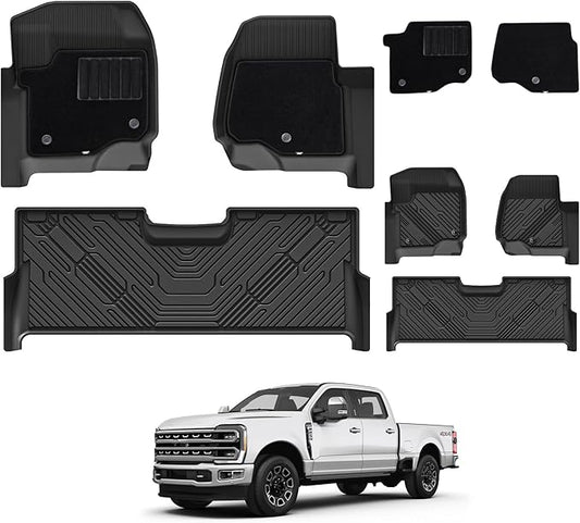 3W Floor Mats & Front Carpet for Ford Super Duty Crew Cab F-250 & F-350 & F-450 & F-550 (2017-2024 2025), All-Weather Storage TPE 1st & 2nd Row Liners, Bucket Seat Compatible, Not for Vinyl Floor
