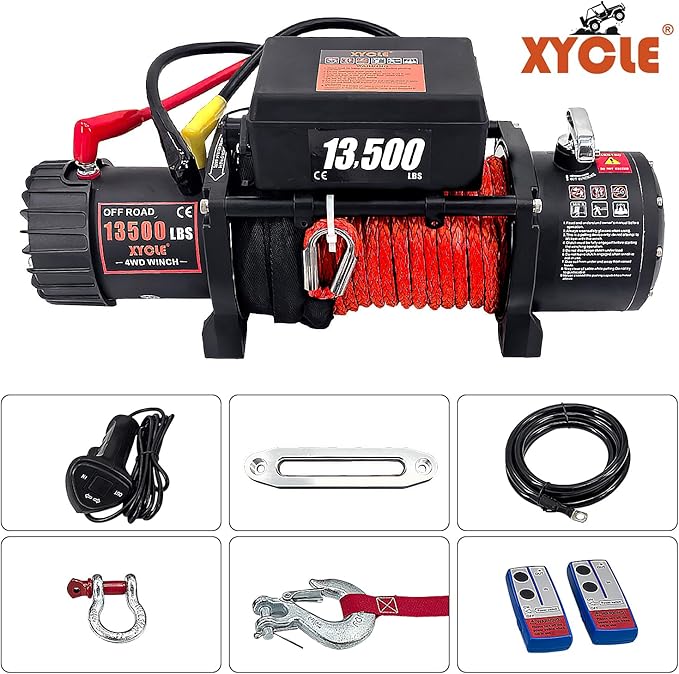 Winch13500lbs 12V Waterproof Electric Winch Synthetic Rope Electric Winch Towing Winch Boat Trailer Winch SUV 4-Wheel Drive Off-Road Vehicle with Remote Control 3/8 Synthetic Rope (Red)
