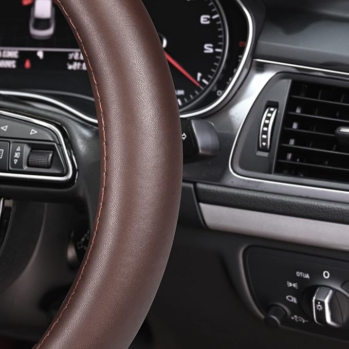 Haokay Heavy Duty Pure Cowhide Steering Wheel Cover, Genuine Leather Steering Cover Brown Leather Steering Wheel Cover with 15 Inches Universal Fit (Brown-1)