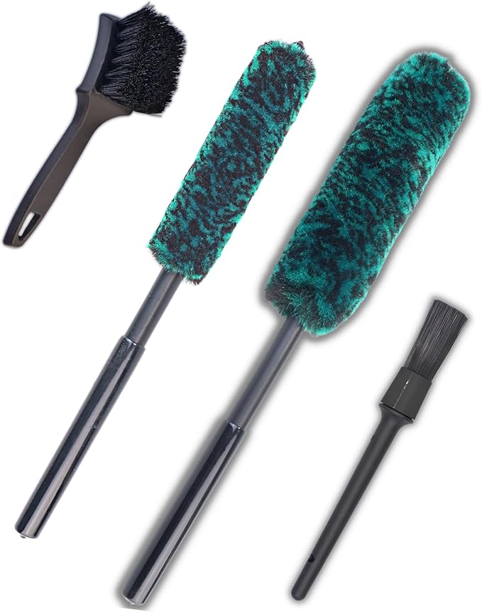 Wheel Brushes for Cleaning Wheels (4 Pro Pack)- 2X Soft Wheel Cleaning Woolies Brush, Detailing Brush and Stiff Tire Brush, Scratch Free Durable Car Wheel Rim Brush Kit for Car Rim and Tire Detailing