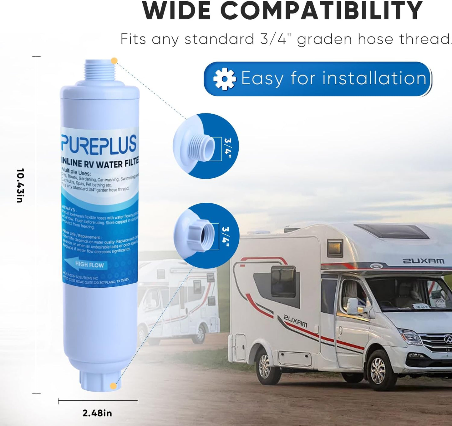 PUREPLUS RV Water Filter System for Garden, Pool, Spa, RV, Camper, Marine, Boat Hose, for Drinking, Car Washing, Gardening, Planting, Reduces Chlorine, Heavy Metals, Odors, 2PACK