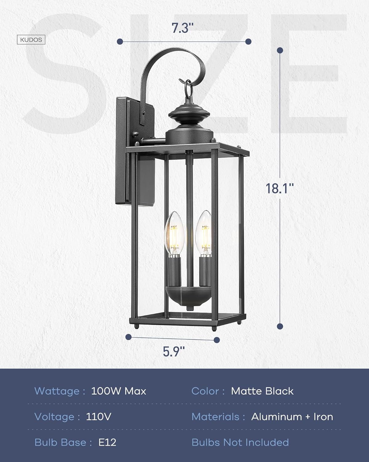 kudos Porch Lights, 18.1 inch Large Outdoor Wall Light, E12 Sockets, Anti-Rust Waterproof Light Fixtures Wall Mount for Patio, Doorway, Entryway, Black with Clear Glass, KDOWL02-BK-L