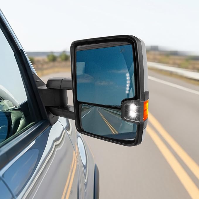 DWVO Power Heated Towing Mirrors for 2003–2007 Chevy Silverado, GMC Sierra, Tahoe, Suburban, Avalanche, Yukon XL, & Denali, Extendable Telescoping LED Turn Signal Pair, Black