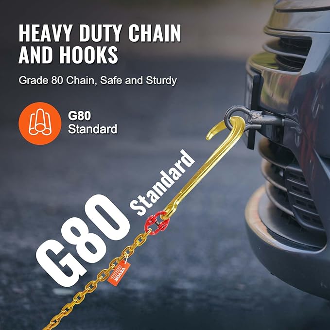 VEVOR J Hook Chain, 5/16" x 6' G80 15" Long Shank J Hook Tow Chain with RTJ Cluster Hook & Grab Hook, 5400 lbs Safe Working Load, Heavy Duty Transport Truck Chain for Wrecker Recovery Trailer Towing